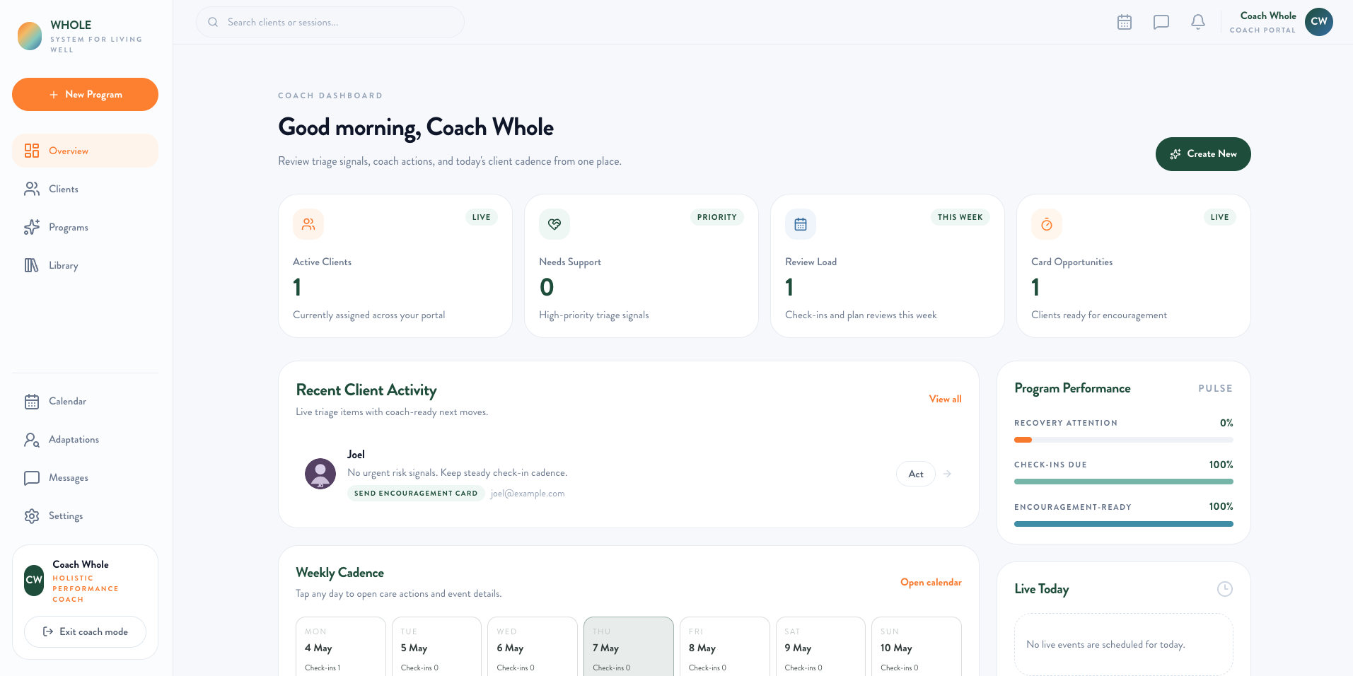 Whole coach dashboard showing client overview, activity feed, and weekly cadence