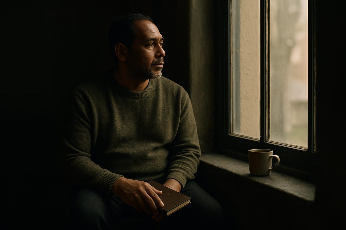 A man sitting by a window with a closed notebook on his knee, looking out at the daylight.