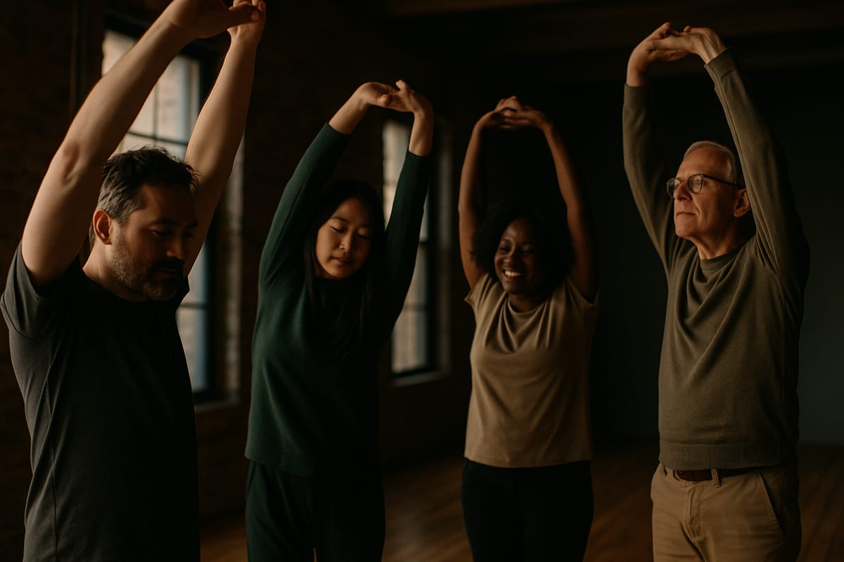Four colleagues stretching overhead together in a warm, dimly lit studio space.