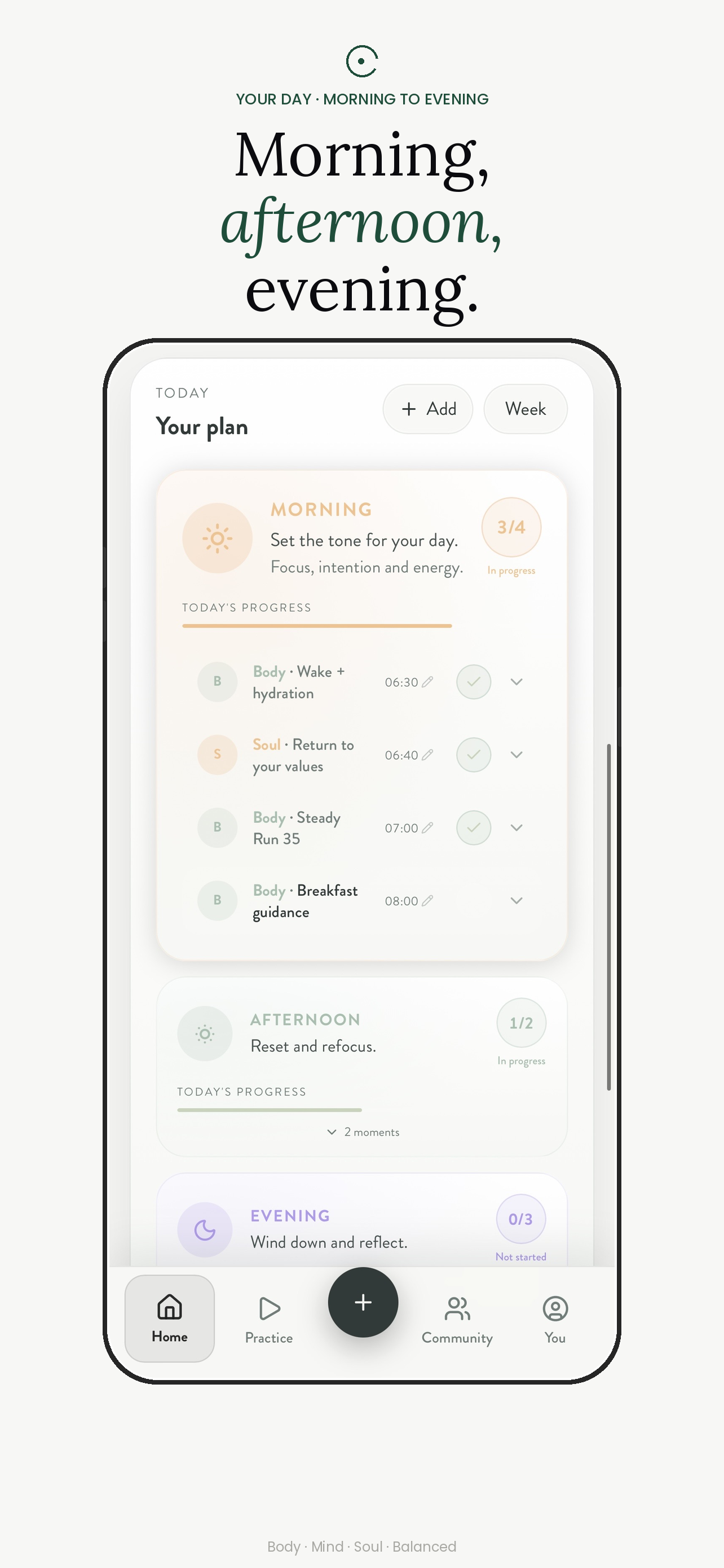 Whole personalised daily plan screen